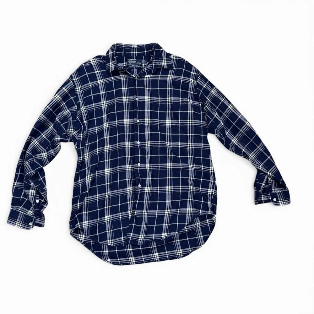 Polo by Ralph Lauren L Plaid Marlowe Wool Blend Blue Plaid Long Sleeve Shirt